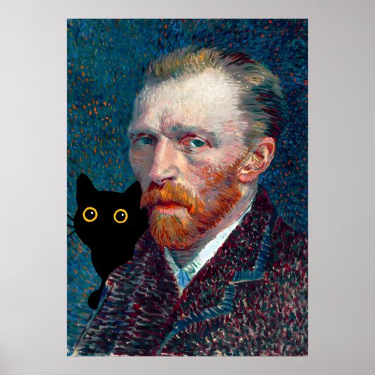 Zwarte kat met Van Gogh Portret Poster (Voorkant)