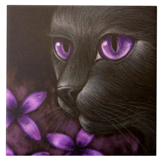 ZWARTE KAT met VIOLET FLOWERS TITEL Tegeltje (Voorkant)