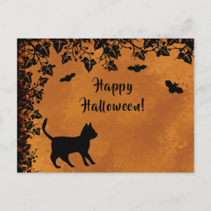 Zwarte Kat met Vleermuis, Gelukkig Halloween Briefkaart