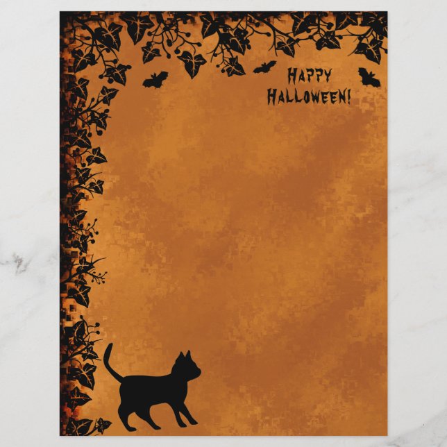 Zwarte kat met vleermuis, Happy Halloween Letterhe Briefhoofd (Voorkant)