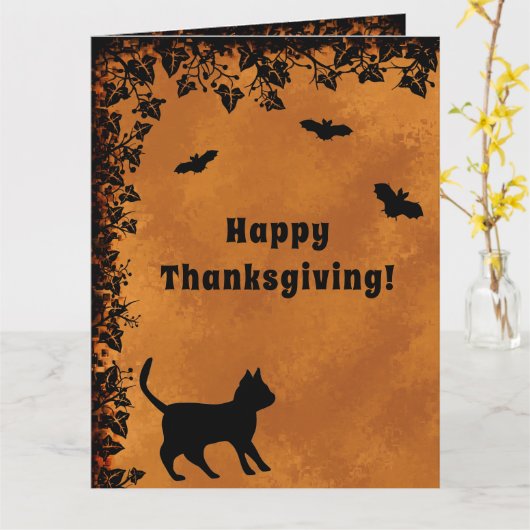 Zwarte Kat met Vleermuis , Prettig Thanksgiving Kaart (Gele Bloem)