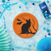 Zwarte kat met vleermuizen Halloween Party Borden Papieren Bordje (Feest)