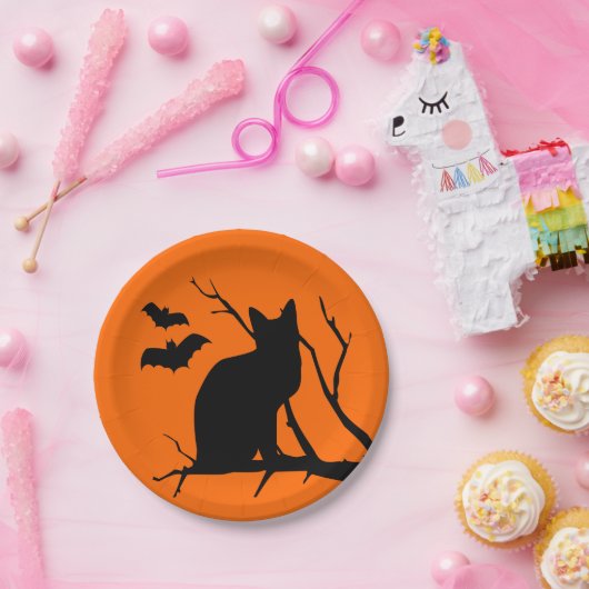 Zwarte kat met vleermuizen Halloween Party Borden Papieren Bordje (Feest)