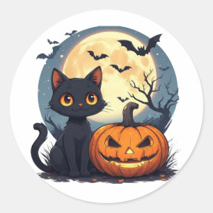 Zwarte Kat Met Vliegende Vleermuizen Halloween 🎃 Ronde Sticker