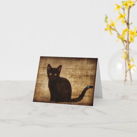 Zwarte Kat met Vlinder Notecard Kaart (Gele Bloem)