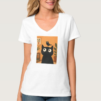 Zwarte Kat Met Vogel Op De Kop Schattige Whimsical T-shirt