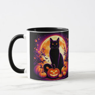 Zwarte kat met volle maan Halloween mok