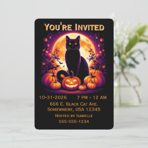 Zwarte Kat met Volle Maan Halloween Uitnodiging