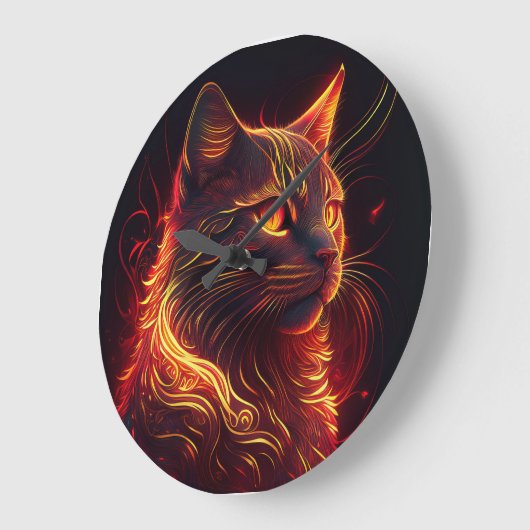 Zwarte kat met vuurrood en gouden aura glanzend grote klok (Hoek)