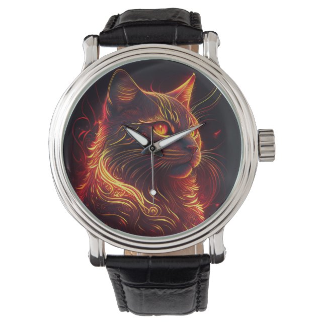 Zwarte kat met vuurrood en gouden aura horloge (Voorkant)