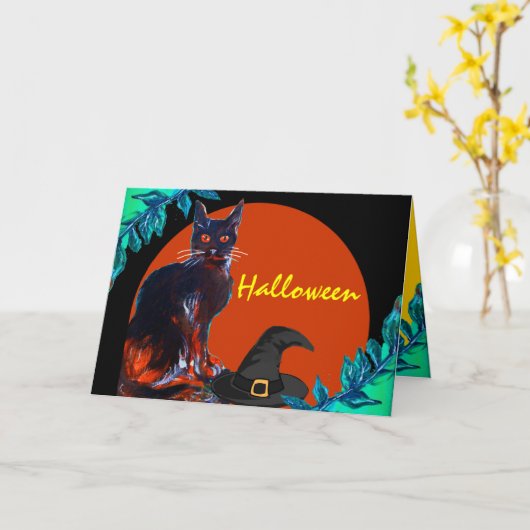 ZWARTE KAT MET WITCH PET HALLOWEEN PARTIJ KAART (Gele Bloem)
