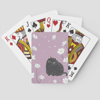 Zwarte kat met witte bloemen pokerkaarten