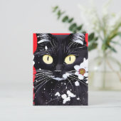Zwarte kat met witte bloemen rode achtergrond briefkaart (Staand voorkant)