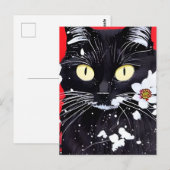 Zwarte kat met witte bloemen rode achtergrond briefkaart (Voorkant / Achterkant)