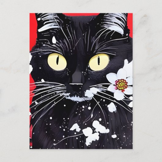 Zwarte kat met witte bloemen rode achtergrond briefkaart (Voorkant)