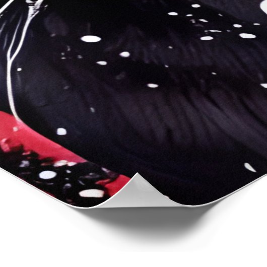 Zwarte kat met witte bloemen rode achtergrond poster (Hoek)