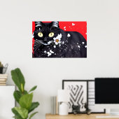 Zwarte kat met witte bloemen rode achtergrond poster (Thuiskantoor)