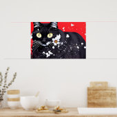 Zwarte kat met witte bloemen rode achtergrond poster (Keuken)