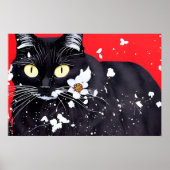 Zwarte kat met witte bloemen rode achtergrond poster (Voorkant)