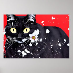 Zwarte kat met witte bloemen rode achtergrond poster