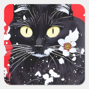Zwarte kat met witte bloemen rode achtergrond vierkante sticker