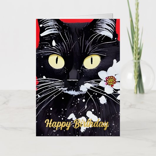 Zwarte kat met witte bloemen verjaardag folie wenskaart (Voorkant)