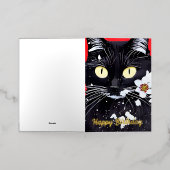 Zwarte kat met witte bloemen verjaardag folie wenskaart (Buiten Laag)