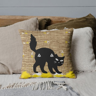 Zwarte kat met witte en gele jute patroon op maat kussen