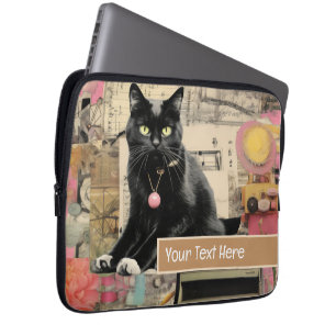 Zwarte kat met witte poten collage laptop sleeve