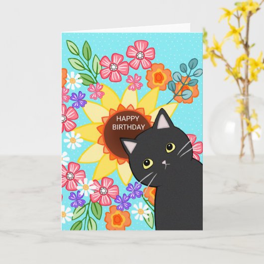 Zwarte kat met zonnebloem Kleurrijke verjaardag Kaart (Gele Bloem)