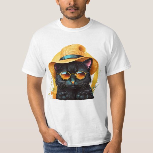 Zwarte kat met zonnebril en pet, grappige kat t-shirt (Voorkant)