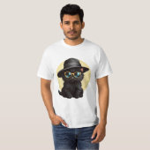 Zwarte kat met zonnebril en pet, grappige kat t-shirt (Voorkant volledig)