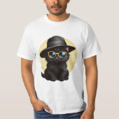 Zwarte kat met zonnebril en pet, grappige kat t-shirt (Voorkant)