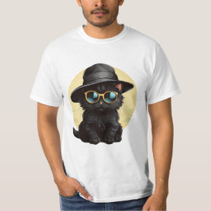 Zwarte kat met zonnebril en pet, grappige kat t-shirt