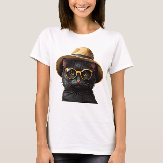 Zwarte kat met zonnebril en pet, grappige kat t-shirt (Voorkant)