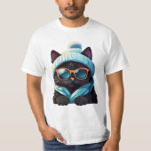 Zwarte kat met zonnebril en winterse pet t-shirt (Voorkant)
