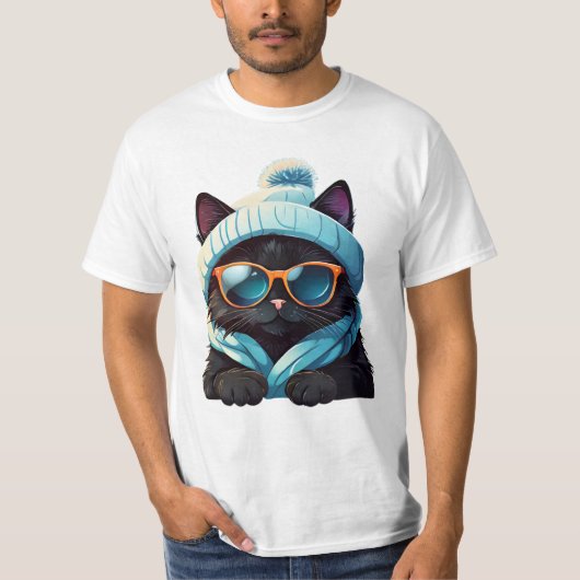 Zwarte kat met zonnebril en winterse pet t-shirt (Voorkant)