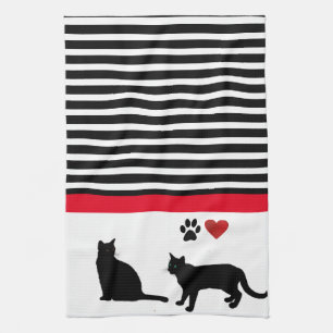 Zwarte kat met zwart-wit gestreepte decoratie  theedoek