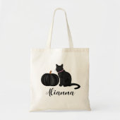 Zwarte kat met zwarte pompoen, aangepaste naam tote bag (Voorkant)