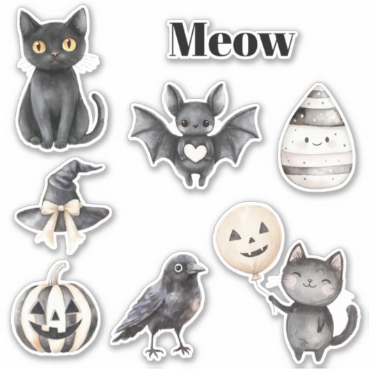 Zwarte Kat Miauw Vogel Pompoen Vleermuis Sticker (Voorkant)