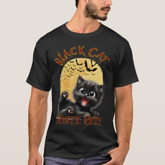 Zwarte kat Midnight Magic met vleermuizen T-shirt (Voorkant)
