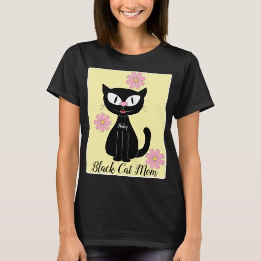 Zwarte Kat Moeder met Mooie Roze Bloemen Kat Liefh T-shirt (Voorkant)