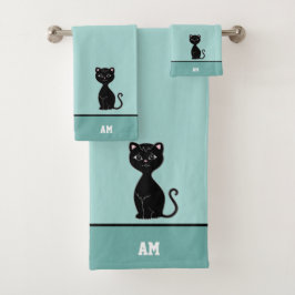 Zwarte Kat & Monogram op Lichtblauw Bad Handdoek