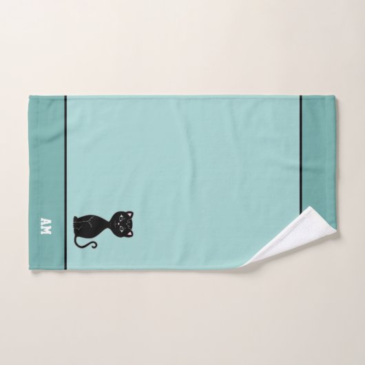 Zwarte Kat & Monogram op Lichtblauw Bad Handdoek (Handdoek)