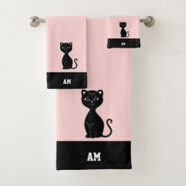 Zwarte Kat & Monogram op Zwart & Roze Bad Handdoek