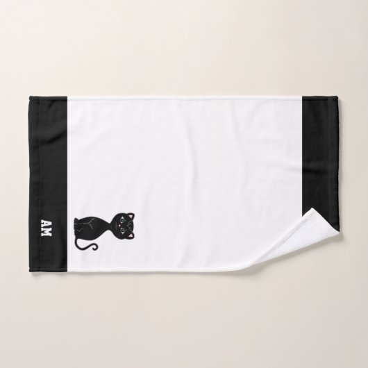 Zwarte Kat & Monogram op Zwart & Wit Bad Handdoek (Handdoek)