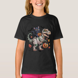 Zwarte Kat & Mummie T-Rex Halloweenrit  T-shirt
