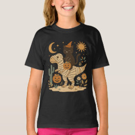 Zwarte Kat & Mummie T-Rex Halloweenrit T-shirt