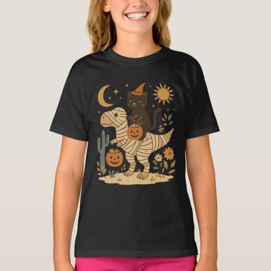 Zwarte Kat & Mummie T-Rex Halloweenrit T-shirt (Voorkant)