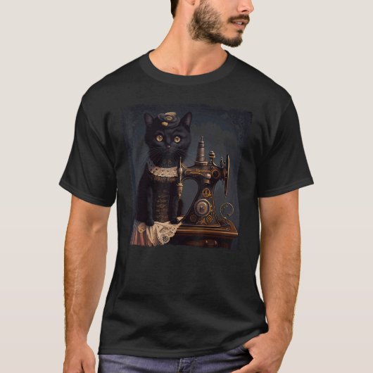 Zwarte Kat Naaien Steampunk T-shirt (Voorkant)